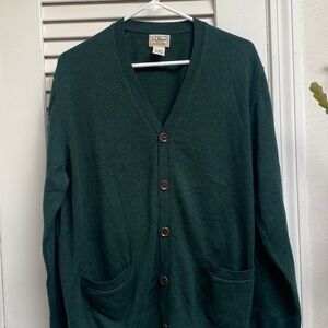 LL Bean Men’s Large Dk Green Hunter Cotton Cashmere Cardigan Pockets Academia